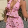 Pink Striped Cherry Print Pajama Set