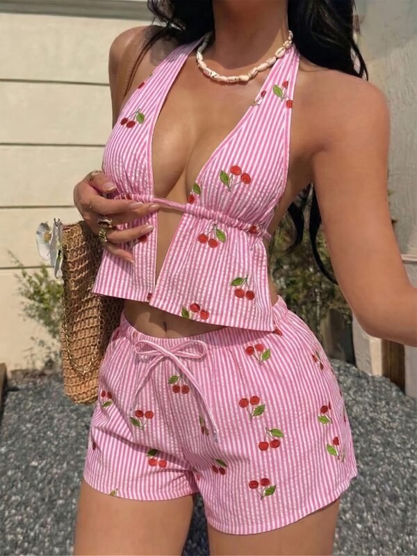 Pink Striped Cherry Print Pajama Set