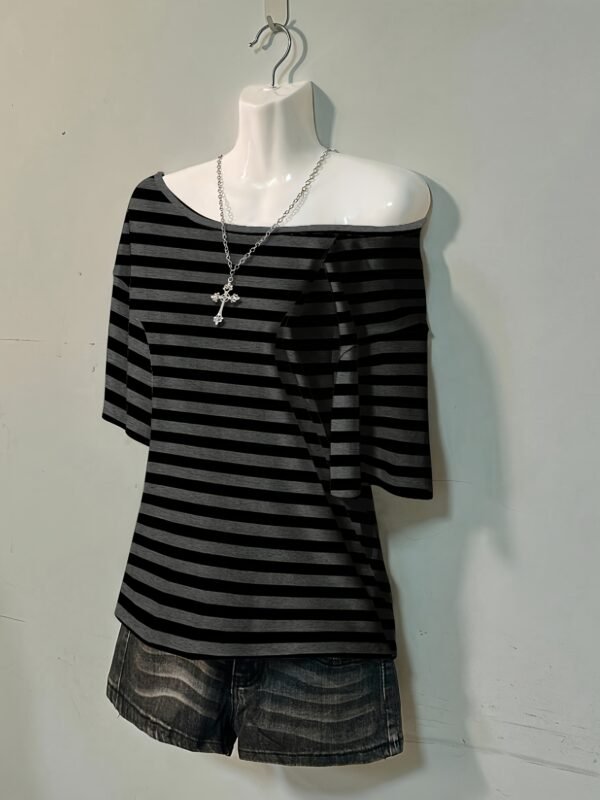 01 Striped Gothic Off-Shoulder T-Shirt