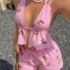 Pink Striped Cherry Print Pajama Set