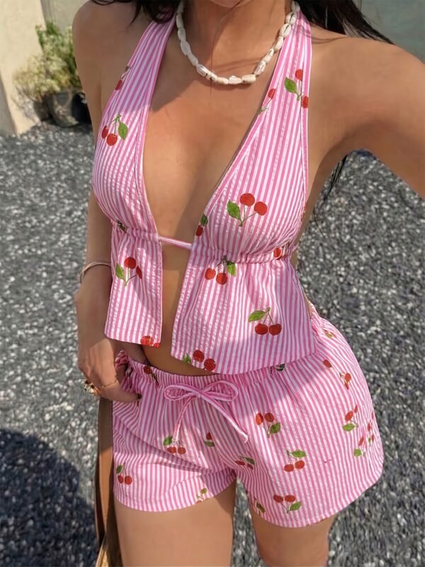 Pink Striped Cherry Print Pajama Set