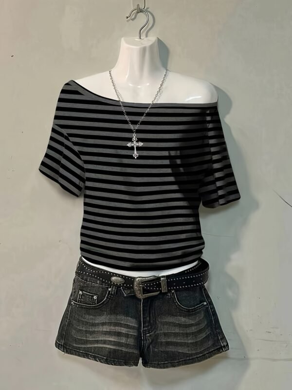 02 Striped Gothic Off-Shoulder T-Shirt