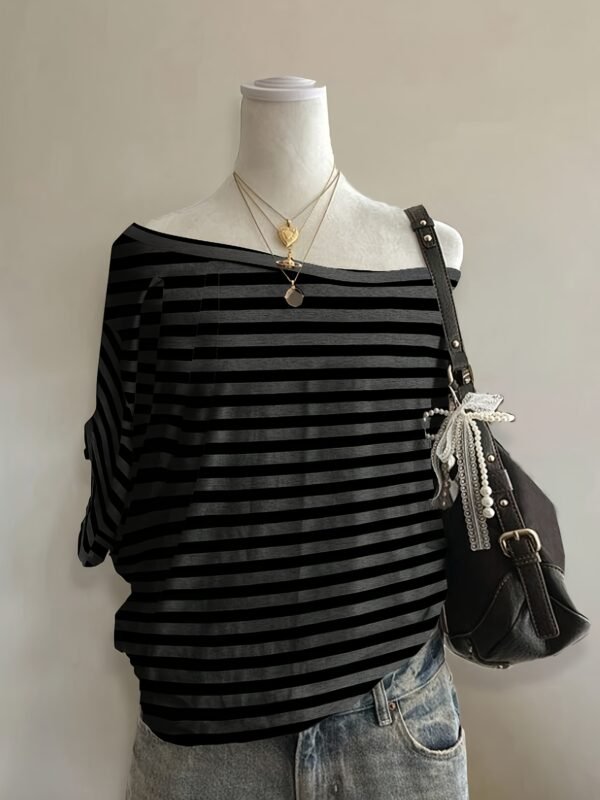 03 Striped Gothic Off-Shoulder T-Shirt