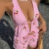 Pink Striped Cherry Print Pajama Set