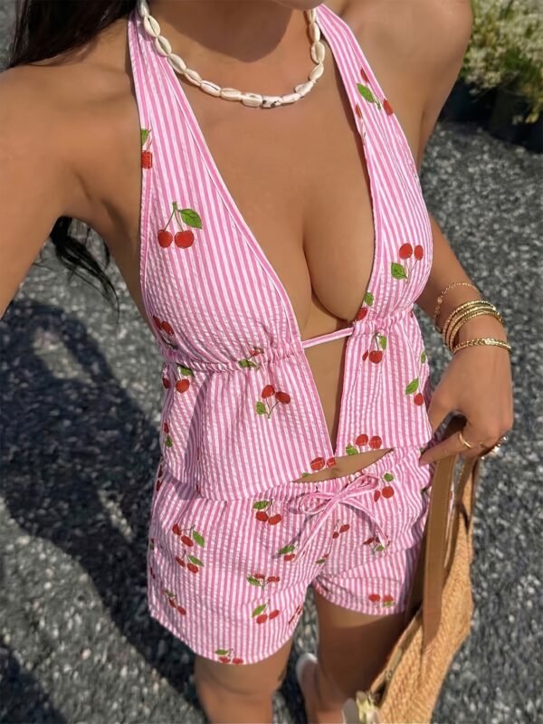Pink Striped Cherry Print Pajama Set