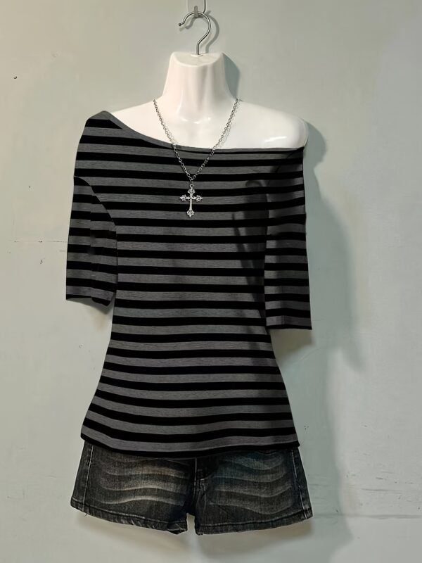 04 Striped Gothic Off-Shoulder T-Shirt