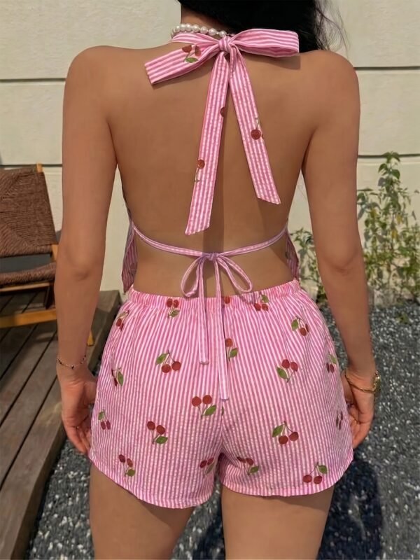 Pink Striped Cherry Print Pajama Set